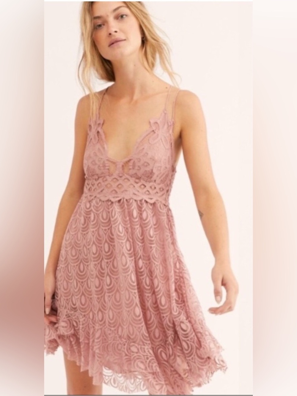 Free People Adella Burnout Slip Dress Mauve Rose Lace Boho Mini Size S